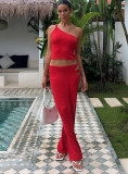 Women's Spring & Summer Sexy Slash Shoulder Top & Slit Skirt Solid Color Knitted Two-Piece Set For Holidays