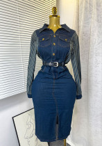Women's Long Sleeve Striped Patchwork Turndown Collar Metal Button Slim Waist Slim-Fit Slit Denim Dress