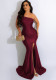 Women's Autumn Sexy Formal Dress Ruched One-Shoulder Fashion Chic Maxi Evening Gown