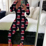 Women's Sexy Fashion Pattern Print Deep V-Neck Long Sleeve Tight Slim Jumpsuit