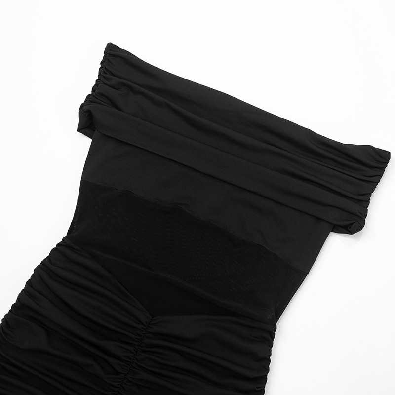 Fold-Over Off-Shoulder Patchwork Mesh See-Through Jumpsuit