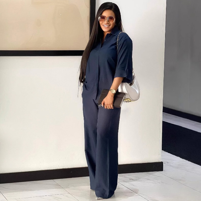 Plus Size African Women Casual Solid Turndown Collar Shirt and Wide-Leg Pants Two-Piece Set