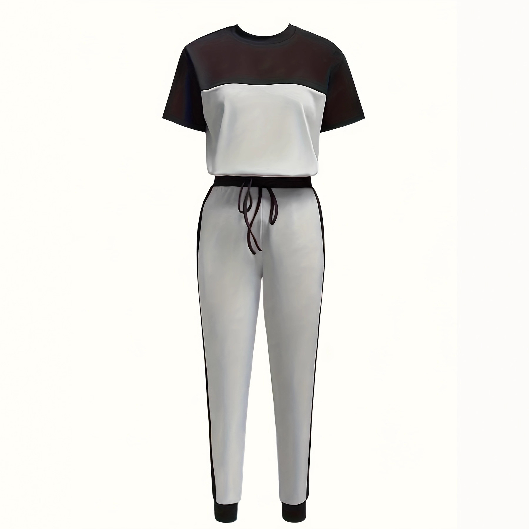 Women Casual Colorblock Short-Sleeved Round Neck T-Shirt and Lace-Up Pants Two-Piece Set