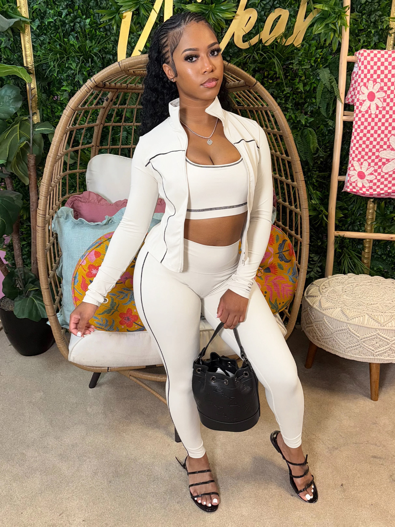 Women Zippered Thumb-Sleeve Long-Sleeved Top and Pants Three-Piece Set