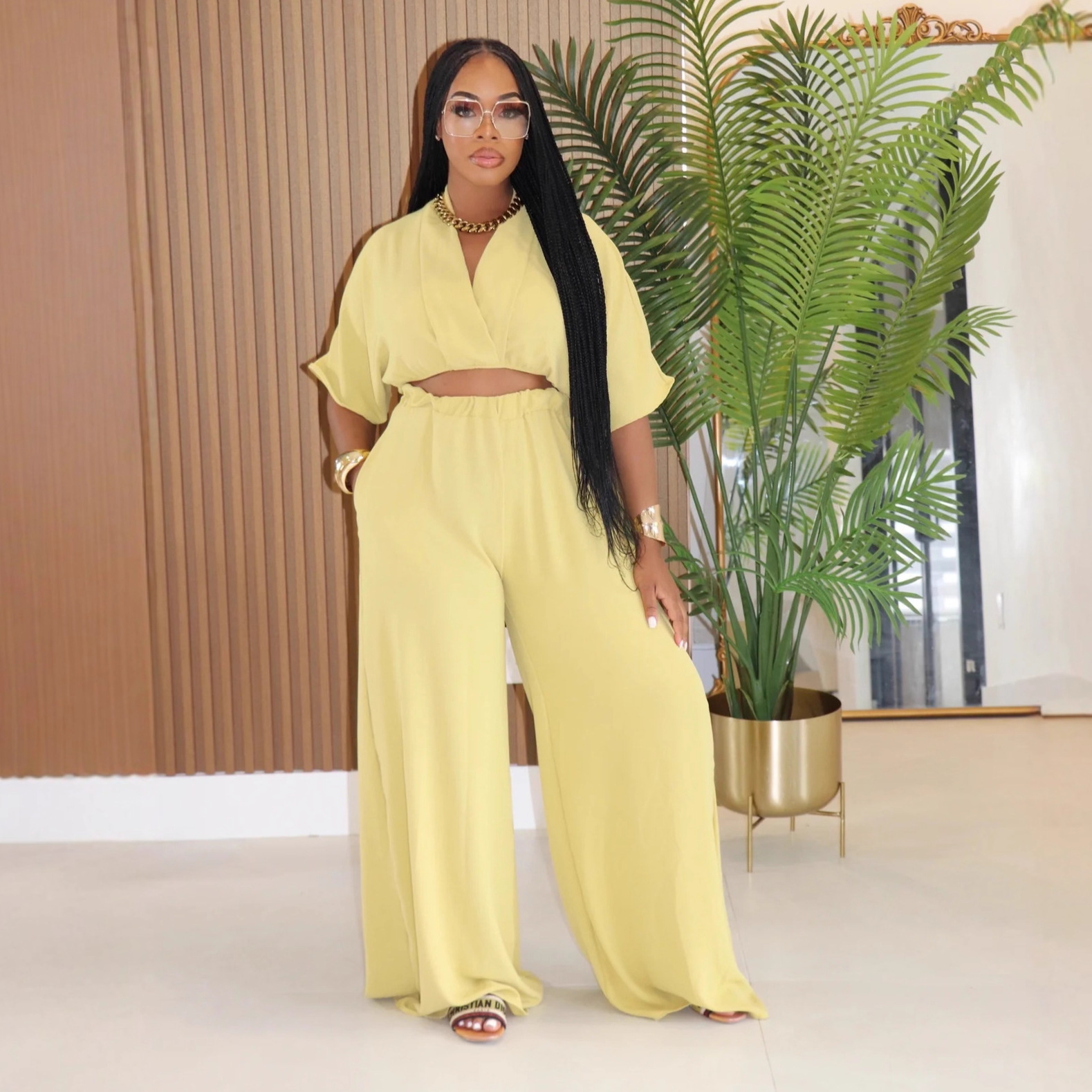 Women Casual V-Neck Crossover Top and Wide-Leg Pants Two-Piece Set