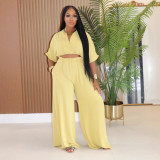 Women Casual V-Neck Crossover Top and Wide-Leg Pants Two-Piece Set