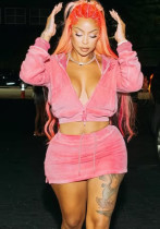 Women Solid Hooded Cropped Long-Sleeved Top Bodycon Skirt Two-Piece Set