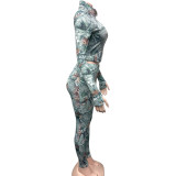 Women Printed Long-Sleeved Cropped Zipper Top and Pants Two-Piece Set