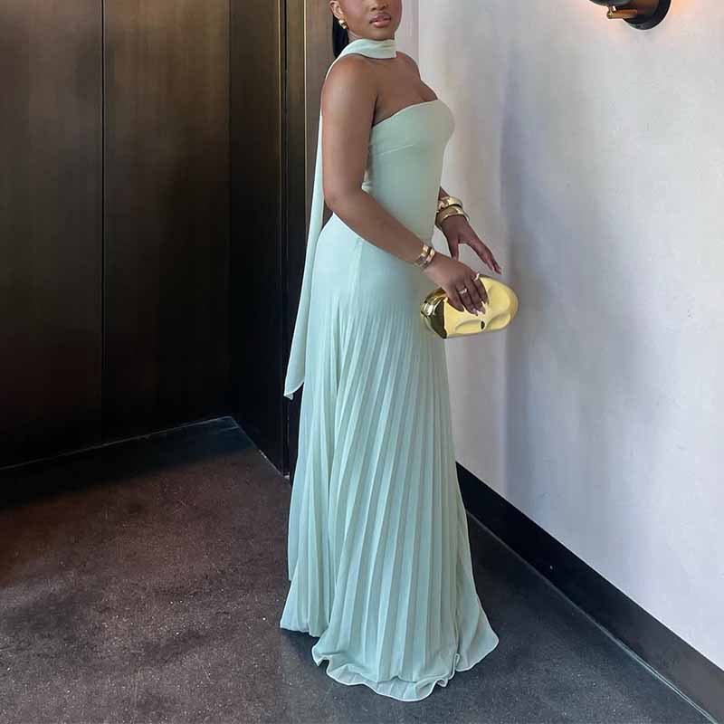 Women Summer Collarless Solid Pleated Strapless Dress