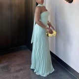 Women Summer Collarless Solid Pleated Strapless Dress