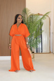 Women Casual V-Neck Crossover Top and Wide-Leg Pants Two-Piece Set