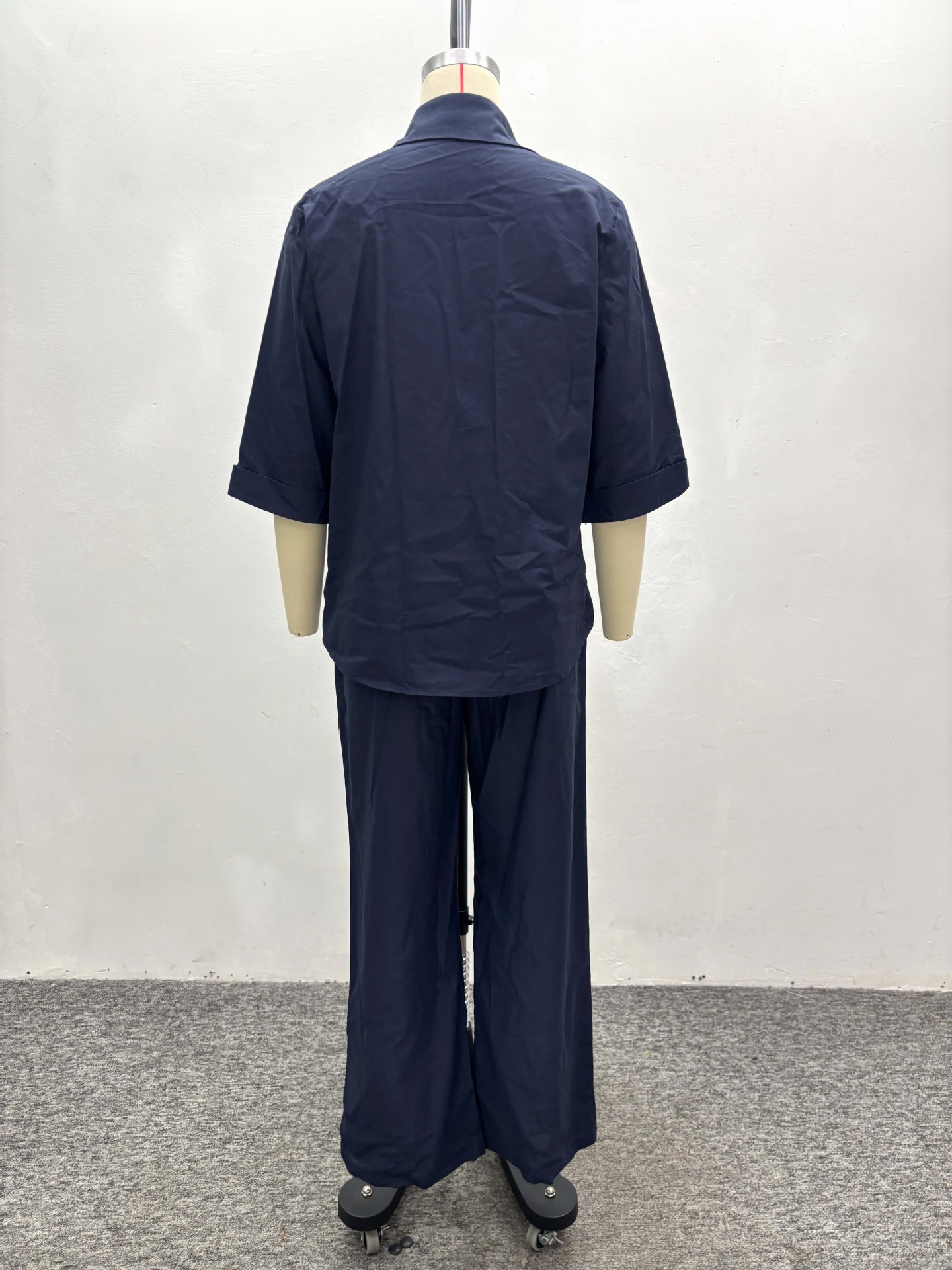 Plus Size African Women Casual Solid Turndown Collar Shirt and Wide-Leg Pants Two-Piece Set