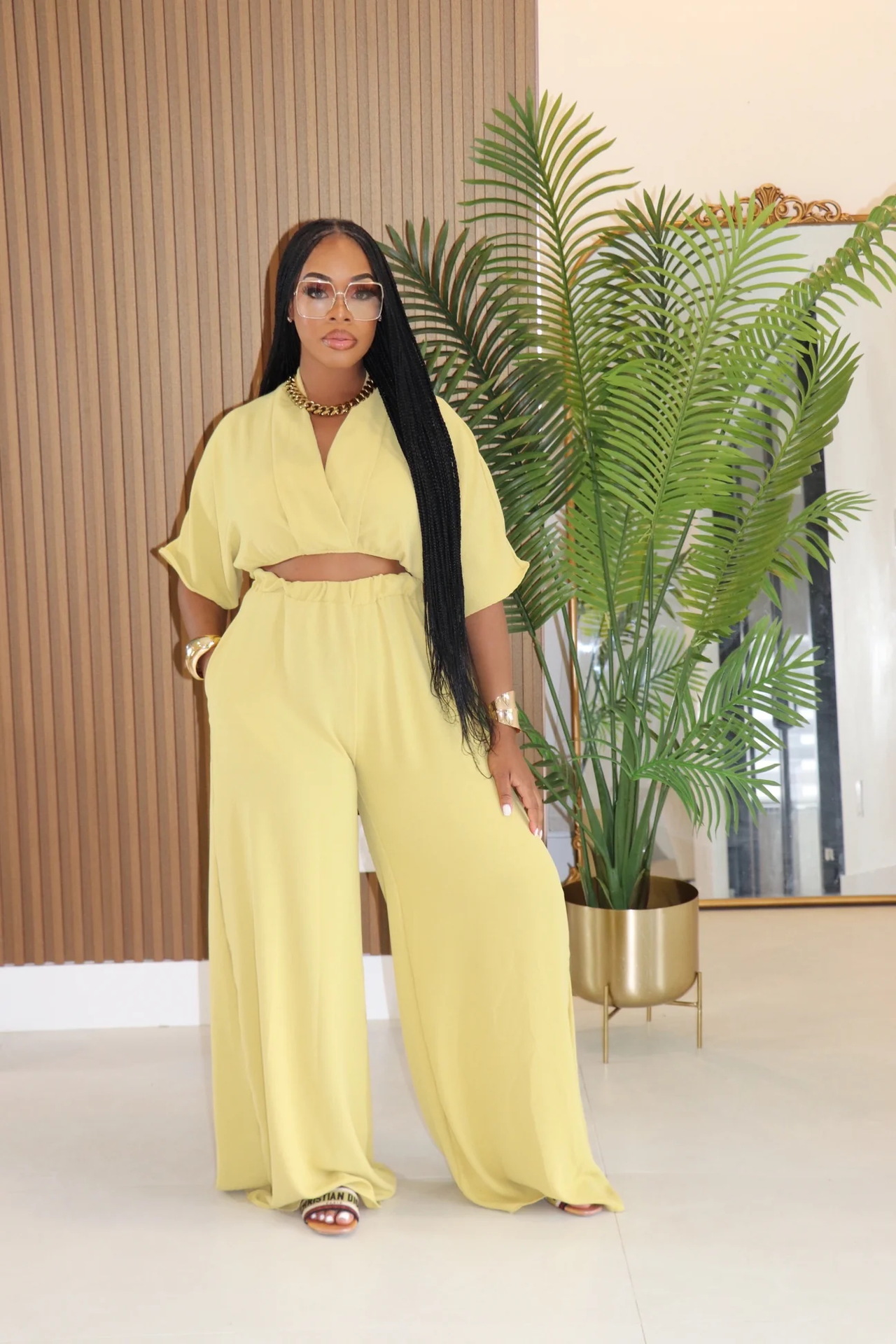 Women Casual V-Neck Crossover Top and Wide-Leg Pants Two-Piece Set