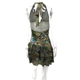 Women Summer Patchwork Ruffle Edge Irregular Backless Sexy Halter Neck Dress