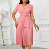 Plus-Size Women Sexy Short-Sleeved V-Neck Elegant Pleated African Dress