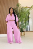 Women Casual V-Neck Crossover Top and Wide-Leg Pants Two-Piece Set