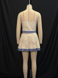 Women Summer Off-White and Blue Plaid Patchwork Halter Neck V-Neck Button Top and Skirt Two-Piece Set