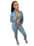 Women Zippered Thumb-Sleeve Long-Sleeved Top and Pants Three-Piece Set