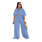 Women Casual V-Neck Crossover Top and Wide-Leg Pants Two-Piece Set