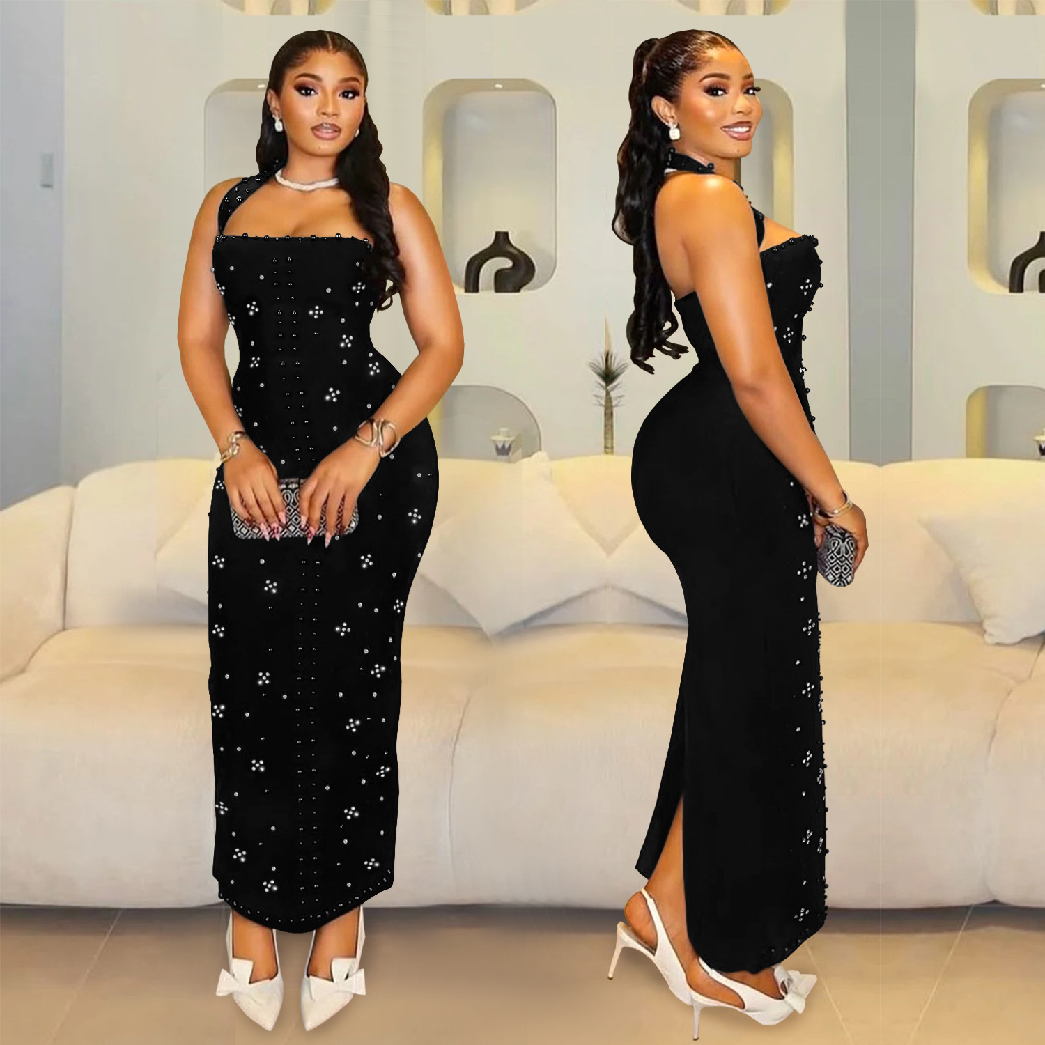 Women Halter Neck Beaded Bodycon Dress