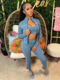 Women Zippered Thumb-Sleeve Long-Sleeved Top and Pants Three-Piece Set