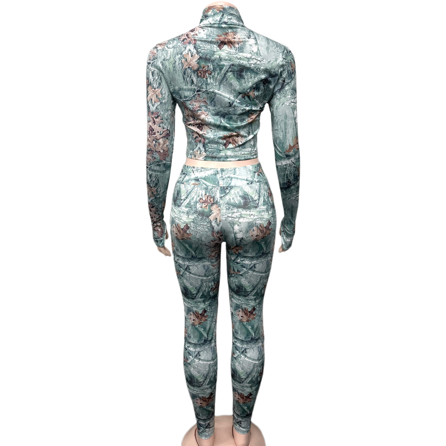 Women Printed Long-Sleeved Cropped Zipper Top and Pants Two-Piece Set