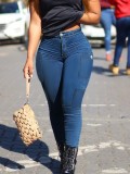 Women Multi-Pocket Dark Blue Denim Pants