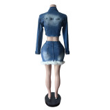 Women Stretchy Denim Feather Long-Sleeved Top and Skirt Two-Piece Set