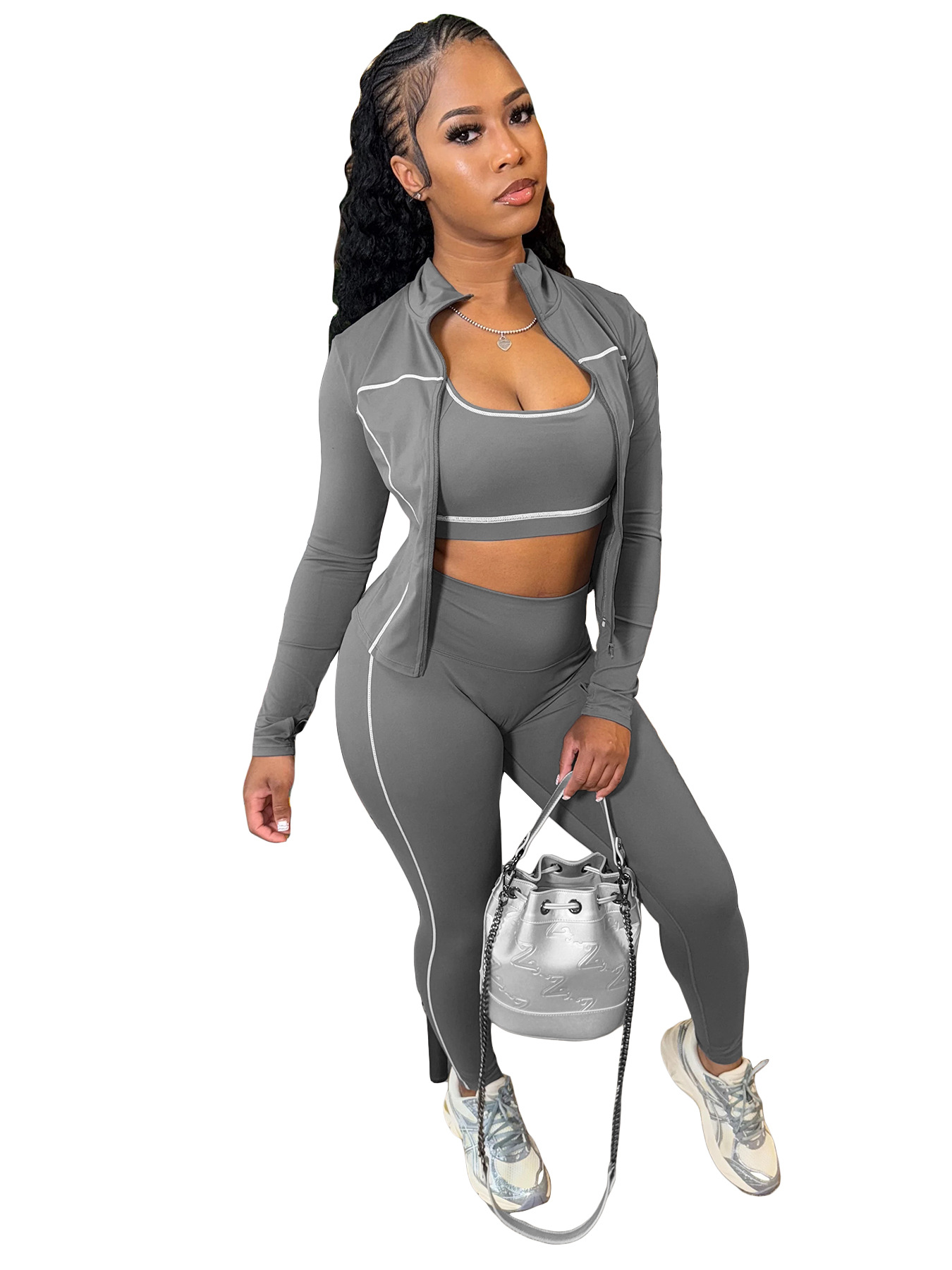 Women Zippered Thumb-Sleeve Long-Sleeved Top and Pants Three-Piece Set