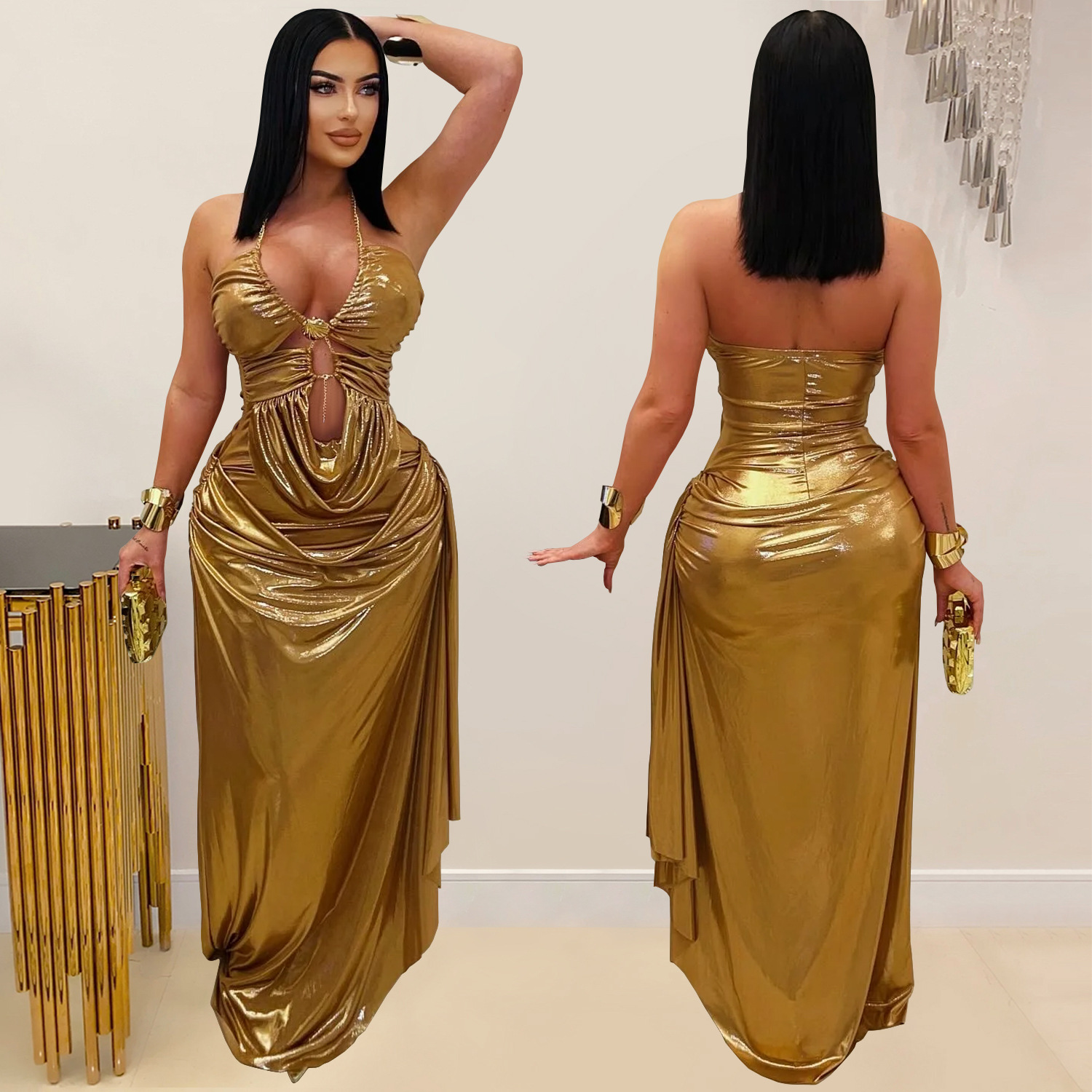 Women Sexy Halter Neck Gold Chain Pleated Dress