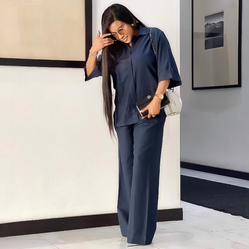 Plus Size African Women Casual Solid Turndown Collar Shirt and Wide-Leg Pants Two-Piece Set