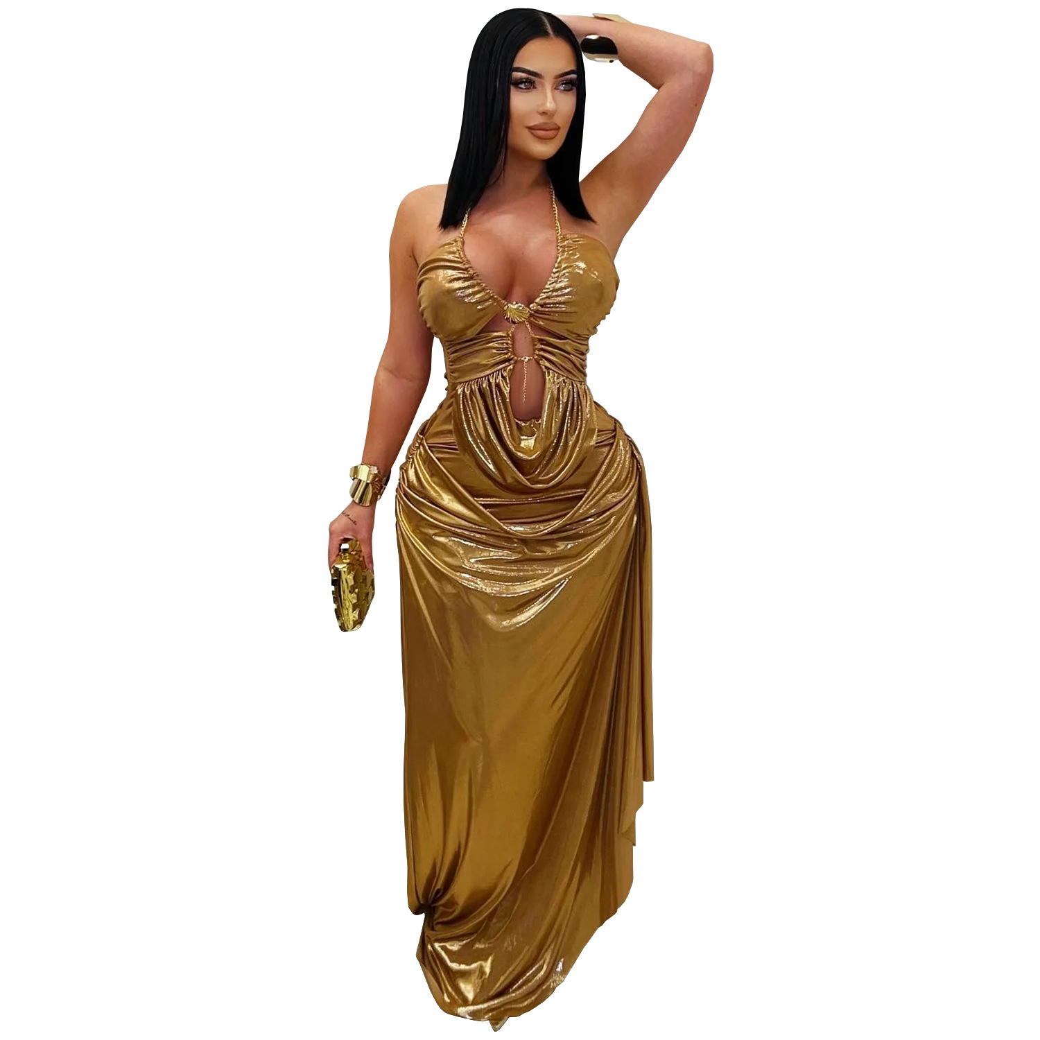 Women Sexy Halter Neck Gold Chain Pleated Dress