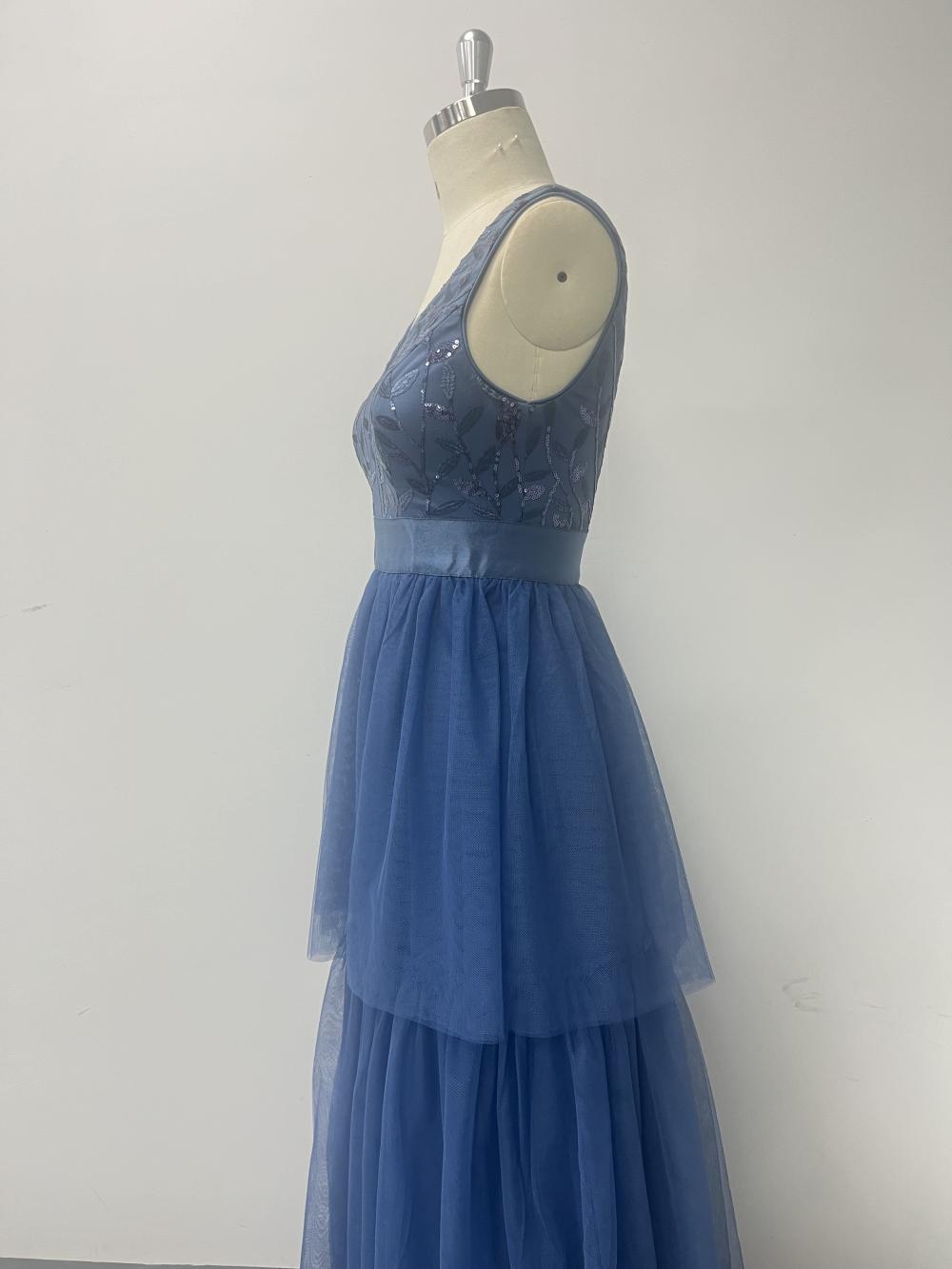 Women Fall Mesh Cascading Ruffles Sleeveless V-Neck Evening Dress