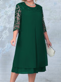 Plus Size Women Embroidered Chiffon Splicing Round Neck Half Sleeve  Casual  Dress