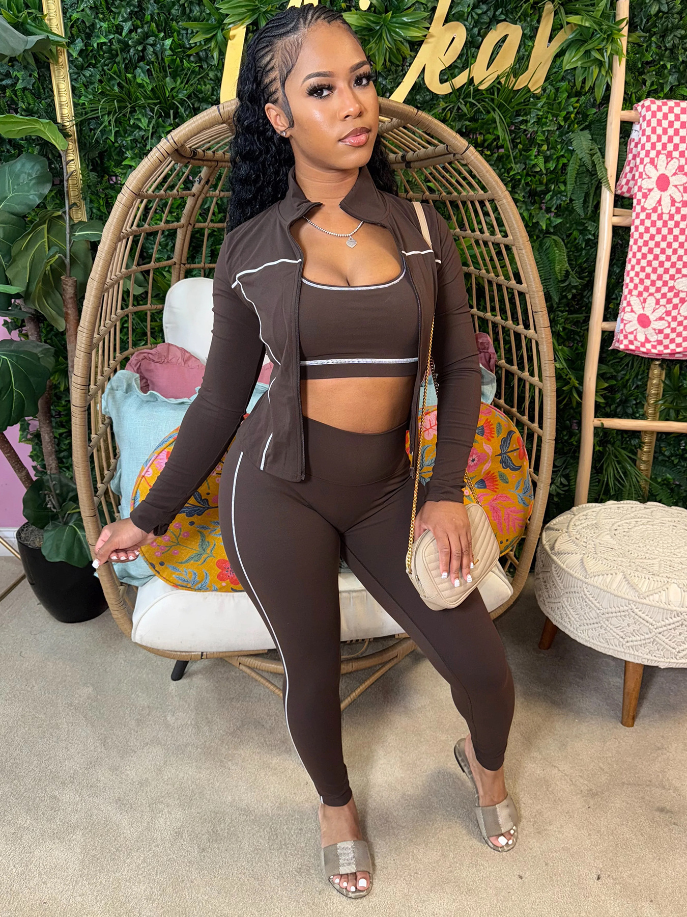 Women Zippered Thumb-Sleeve Long-Sleeved Top and Pants Three-Piece Set