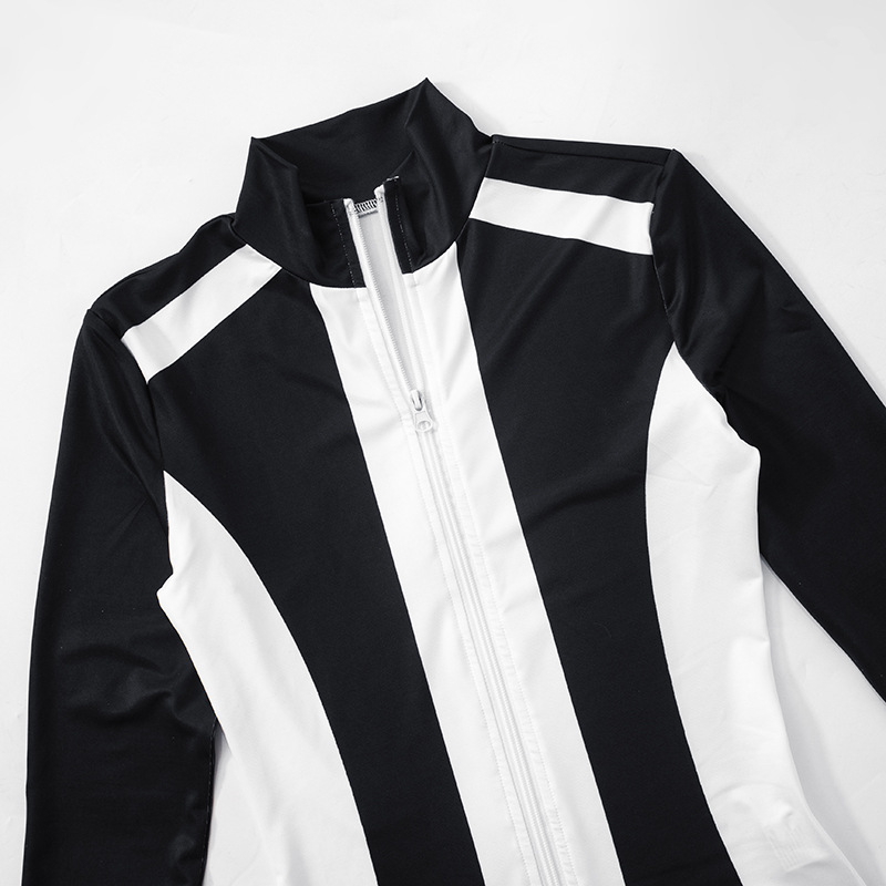 Women Sporty Casual Long-Sleeved Contrast Color Top and Pant Two-Piece Set