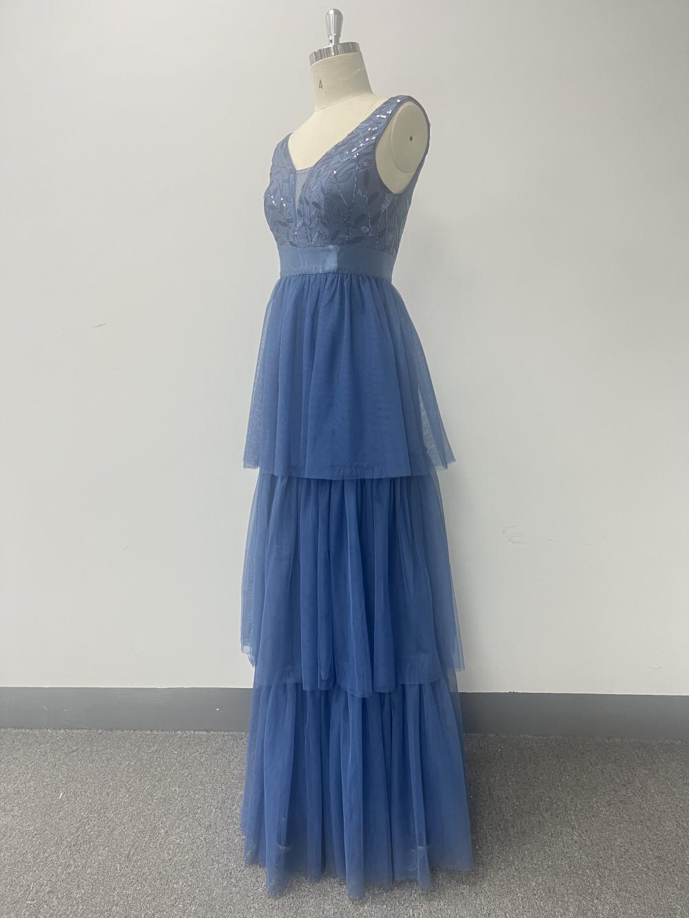 Women Fall Mesh Cascading Ruffles Sleeveless V-Neck Evening Dress