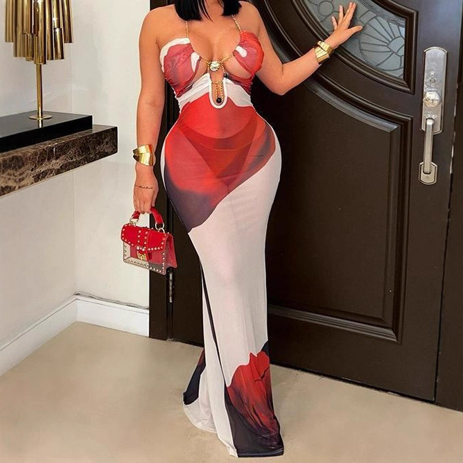 Women Floral Print Shell Chain Halter Neck Cutout Backless Mesh Dress