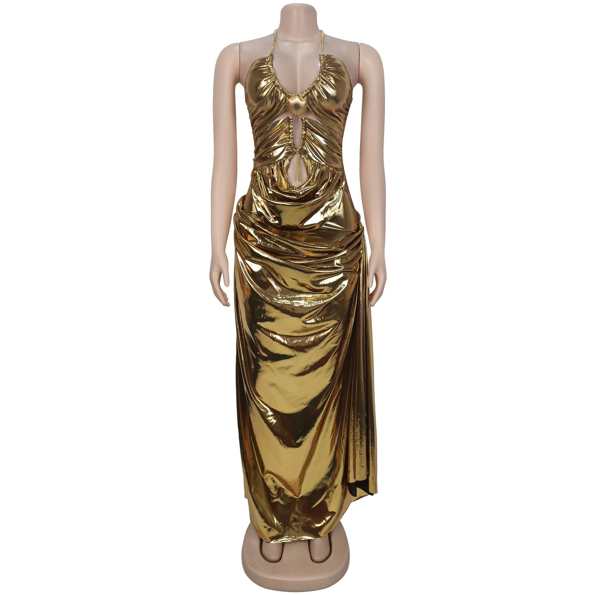 Women Sexy Halter Neck Gold Chain Pleated Dress