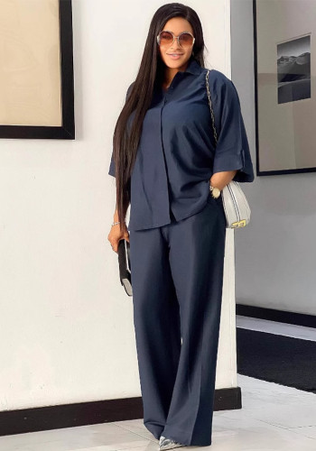 Plus Size African Women Casual Solid Turndown Collar Shirt and Wide-Leg Pants Two-Piece Set