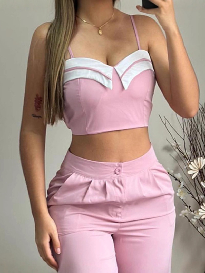 Women Contrast Color Patchwork Top and Pant Casual Two-Piece Set