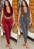 Women Furry Halter Neck Backless Lace-Up Top and Two-Piece Pants Set Women Furry Halter Neck Backless Lace-Up Top and Two-Piece Pants Set