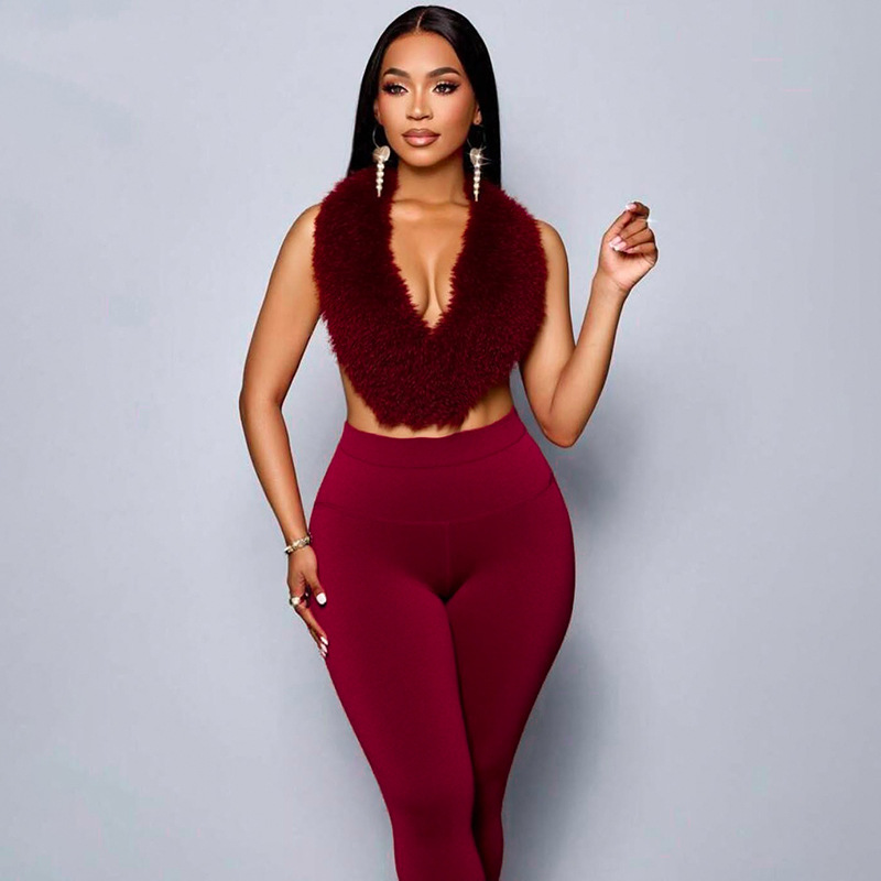 Women Furry Halter Neck Backless Lace-Up Top and Two-Piece Pants Set
