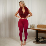 Women Furry Halter Neck Backless Lace-Up Top and Two-Piece Pants Set