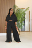 Women Casual V-Neck Crossover Top and Wide-Leg Pants Two-Piece Set
