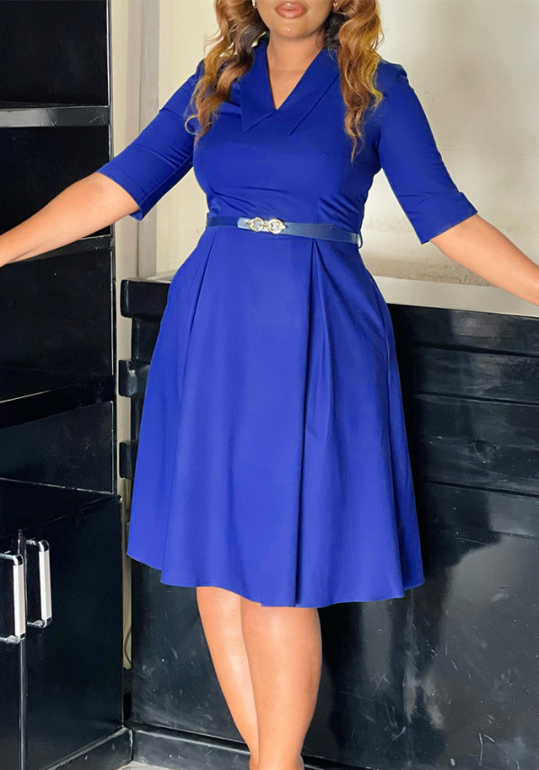 Plus-Size Women Elegant Solid Turndown Collar African Dress