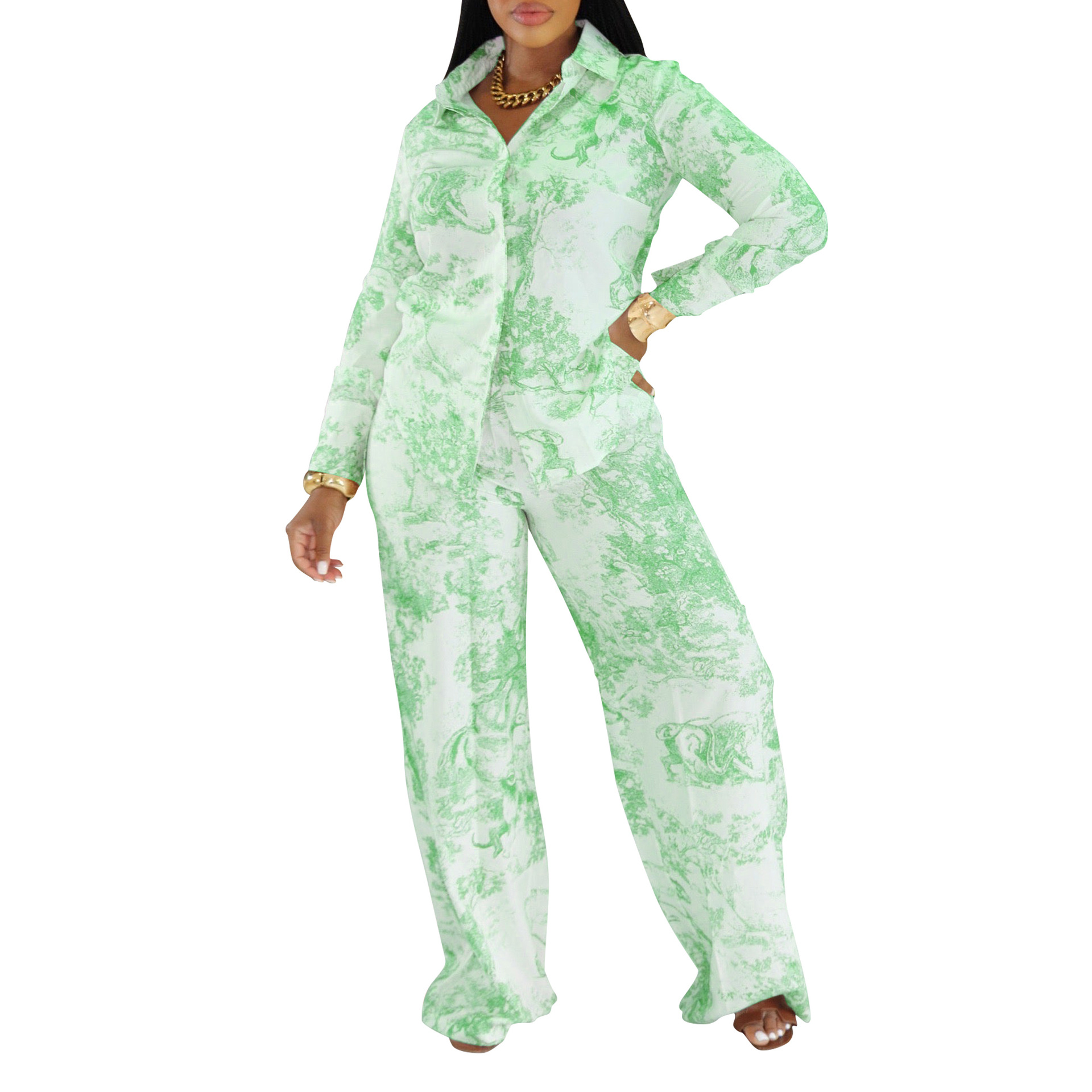 Women Casual Long-Sleeved Shirt and Pants Two-Piece Set