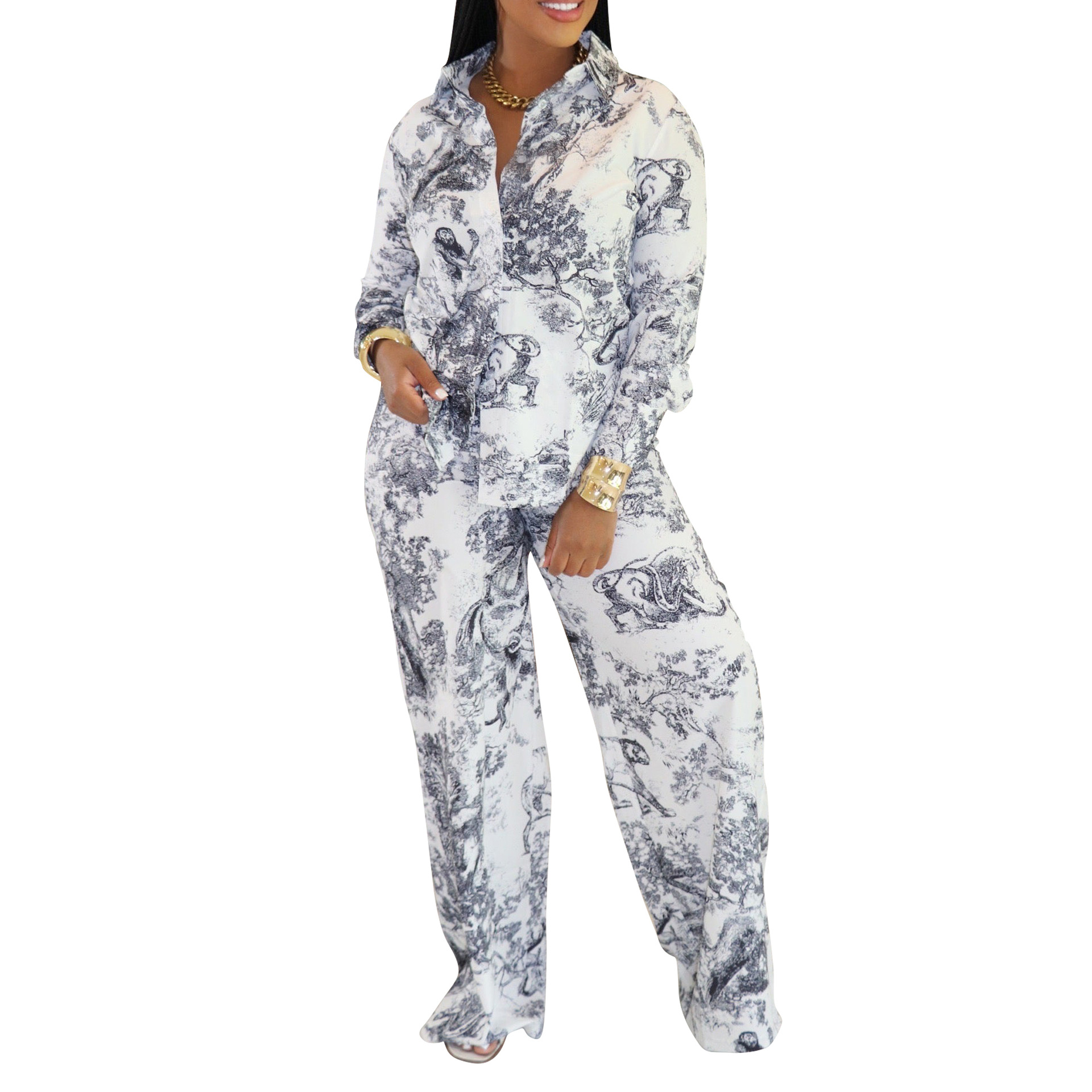 Women Casual Long-Sleeved Shirt and Pants Two-Piece Set