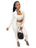 Women Zippered Thumb-Sleeve Long-Sleeved Top and Pants Three-Piece Set