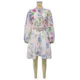 Women Printed Lantern Sleeve Buttoned Dress with Belt